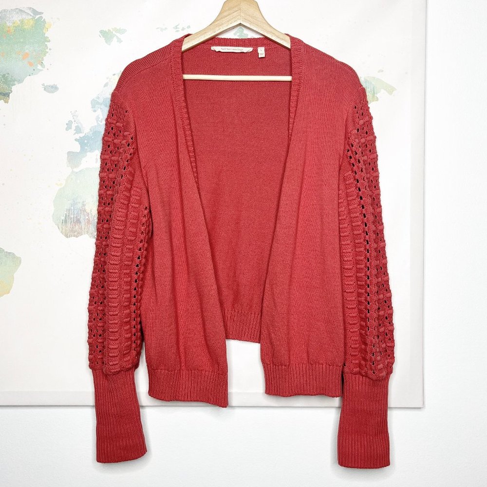 Soft Surroundings Sweater Red Pink Large Open Knit Hollyhock Cropped Cardigan‎
